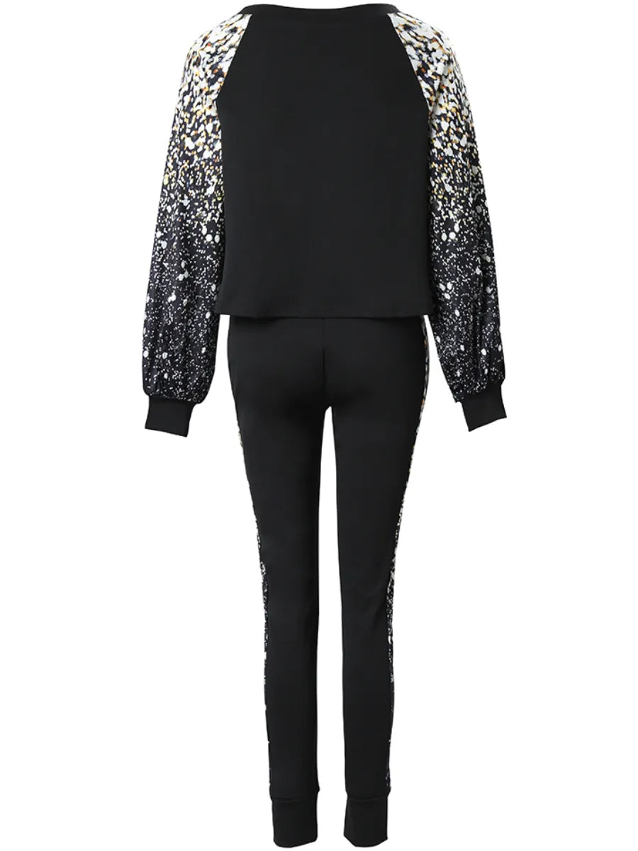 LW Plus Size Fall 2pcs Set - Lantern Sleeve Sequined Top & Skinny Pants Streetwear Suit