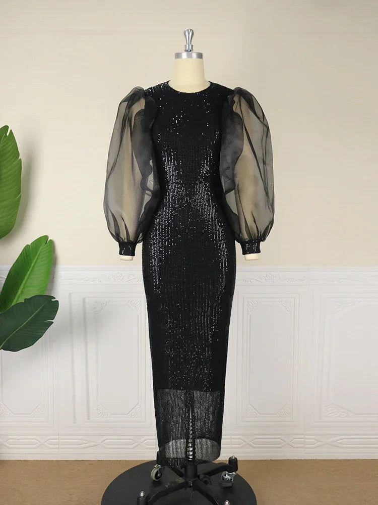 Plus Size Black Sequin Dress Women Long Tulle Sleeve Gathered Bodycon High Waist Midi Dresses Evening Cocktail Glitter Gown