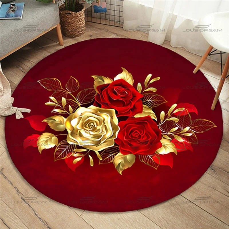 Fashion Round Rose Rug Home Anti-Slip Gold Rose Pattern Floor Mat Children's Bedroom Carpet Living Room Carpet