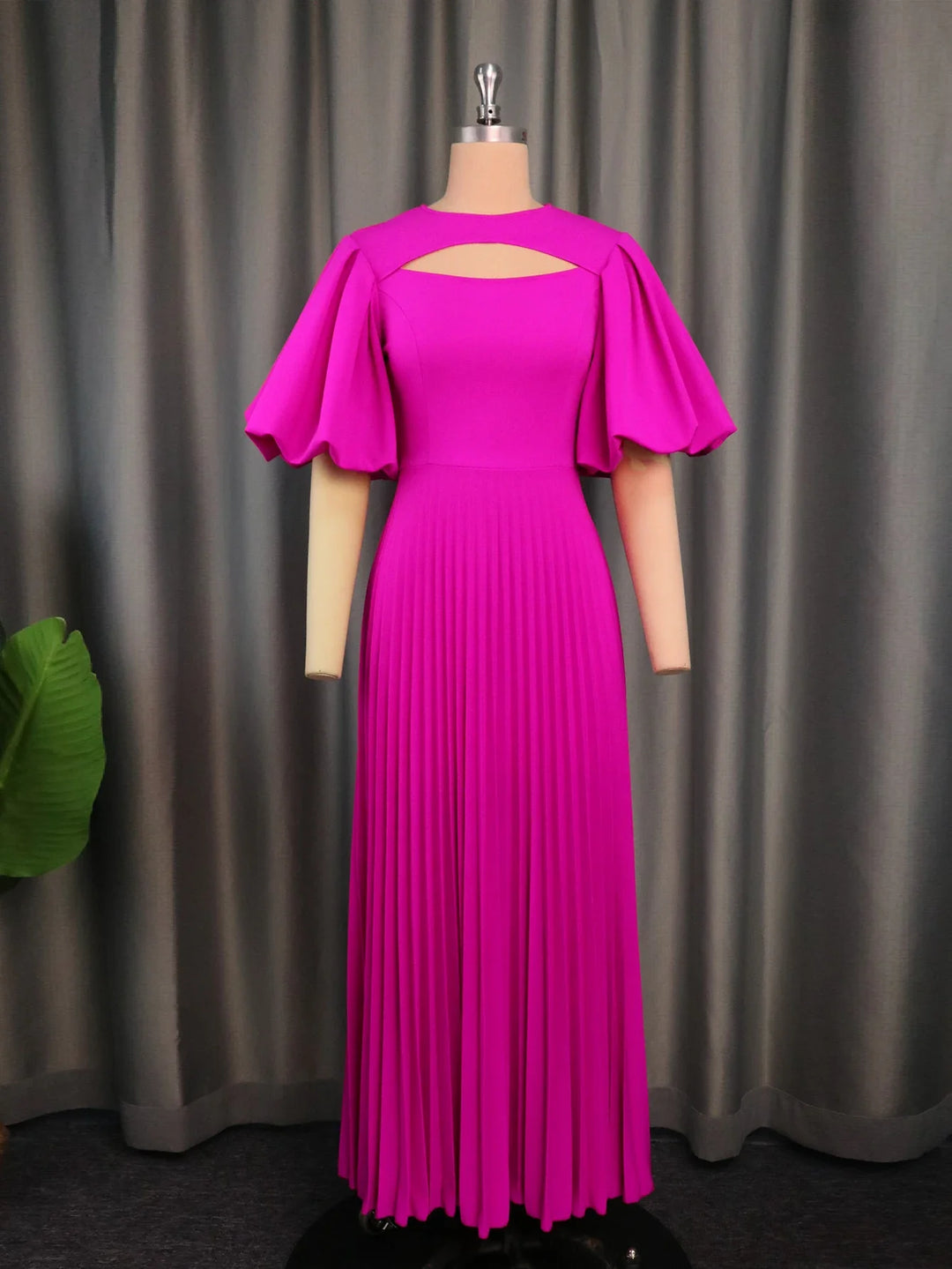 Summer Fuchsia Pleated Dress for Evening Night Crew Neck Chest Cut Out A Line Flowy Dresses Elegant Plus Size Events Gowns