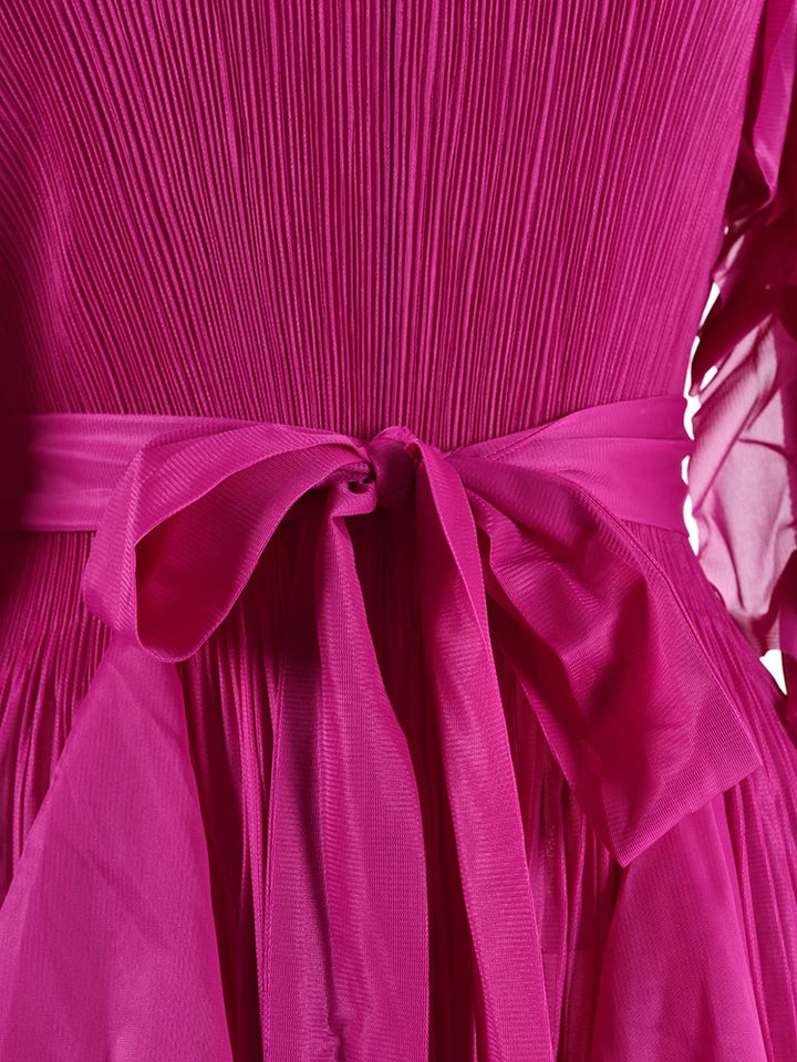 LANMREM Women's Maxi Dress - Ruffled Flare Sleeves, Round Neck, Solid Color, Belted - Autumn Party Wear