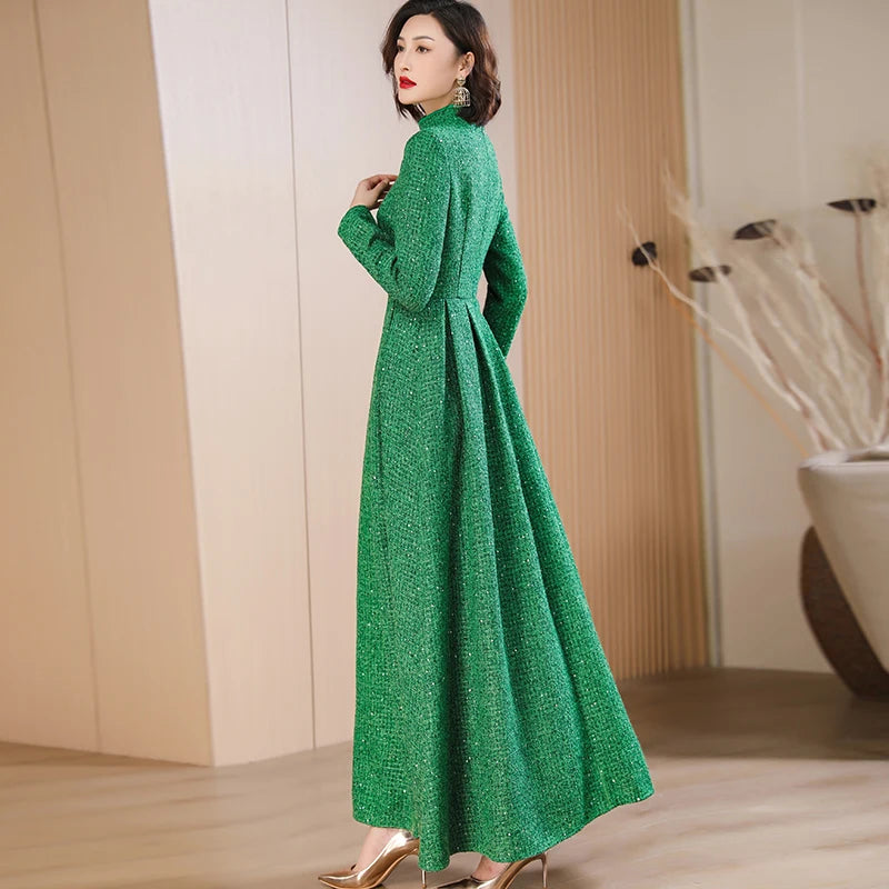 Green Chinese-Style Long Dress for Autumn Events - 3cm Error