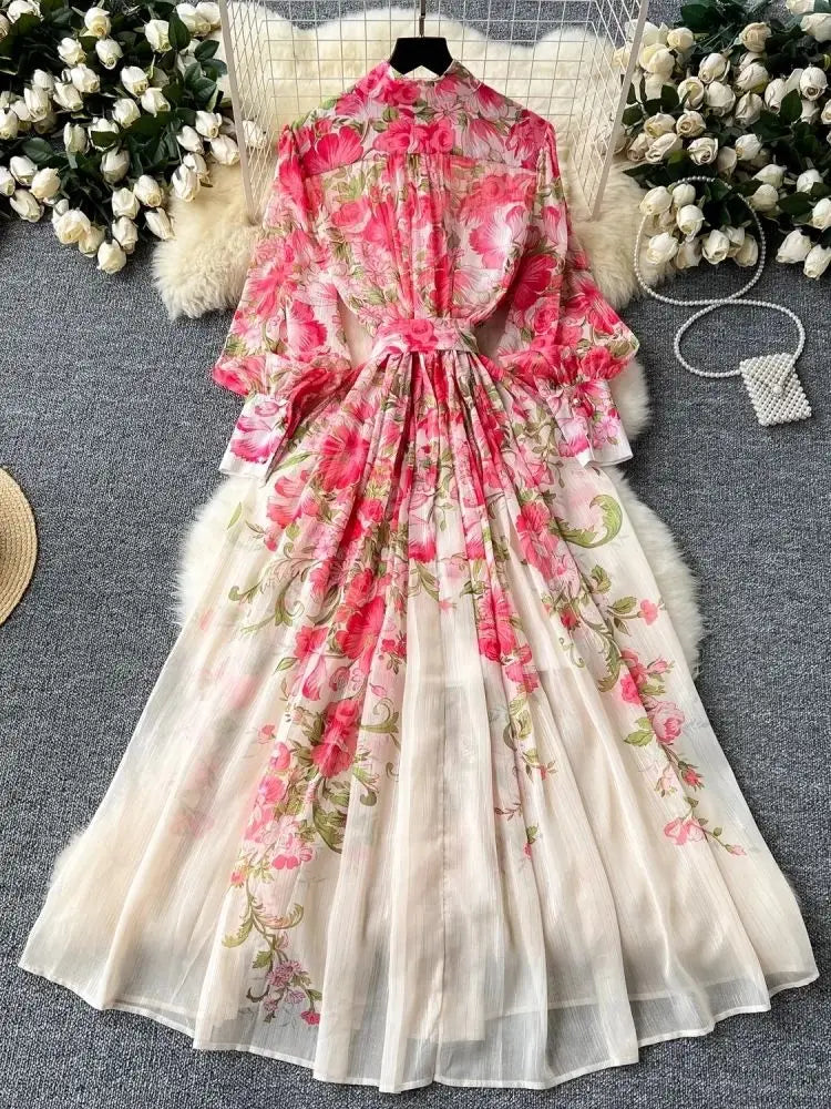Summer Bright Floral Silk Chiffon Dress