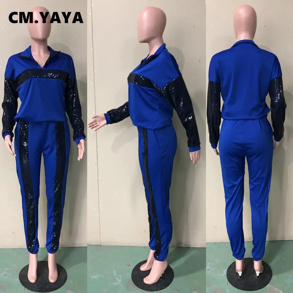 CM.YAYA sequined striped patchwork Women's Tracksuit Long Sleeve zipper turn-down collar pullover Pants Two 2 Piece Set Outfits