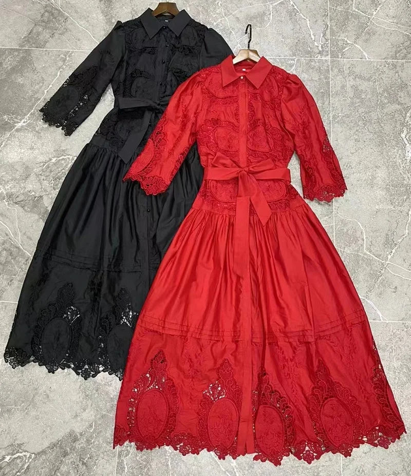 Stunning 2023 Autumn Dress - High Quality, Hollow Out, Turn-down Collar, Red/Black/White