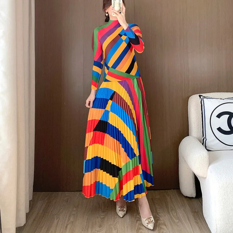 Colorful Patchwork Two-Piece Set: High Collar Top + Ankle-Length Skirt - COZOK