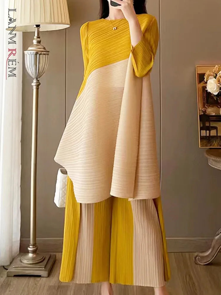 LANMREM Office Lady 2-Piece Set: Pleated Dress & Wide-Leg Trousers - Contrast Colors & High Waist - Sizes XS to XL