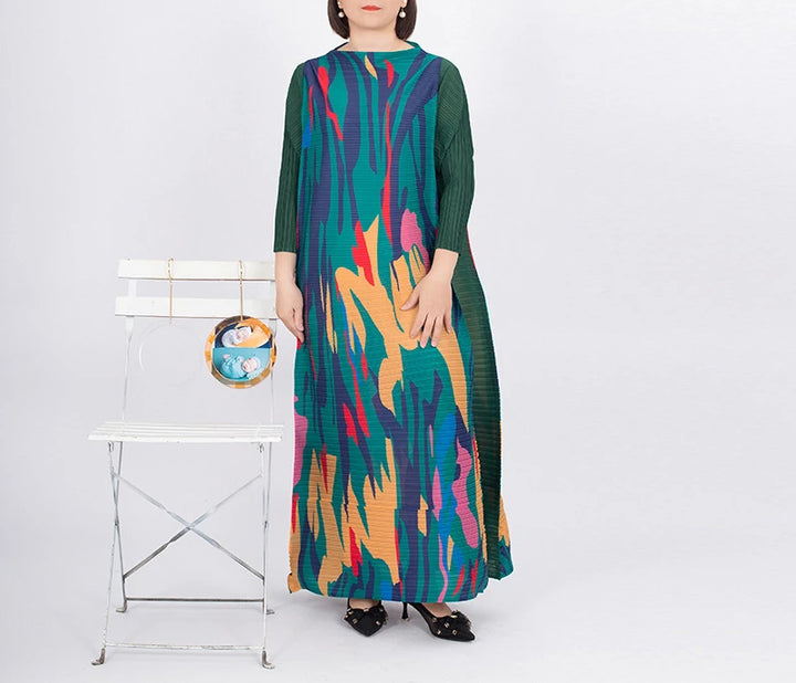 Miyake Geometric Print Long Sleeve Dress - Plus Size Ethnic Style