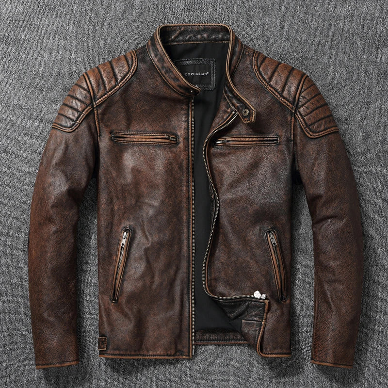 Men's 100% Cowhide Leather Jacket | Autumn/Winter | Stand Collar | Plus Size | Asian Sizing