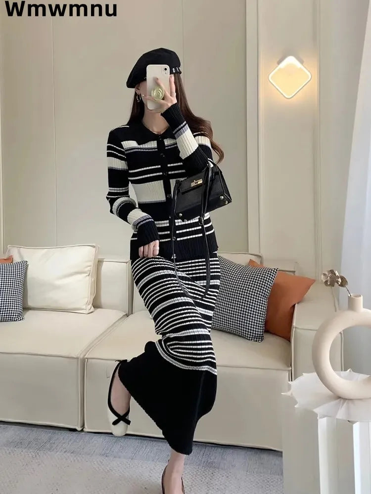 Korean Strip Knitwear Dress 2 Piece Set Elegant Long Sleeve Zip Knit Cardigan Outfit Sleeveless Hip Wrap Vestidos Conjuntos