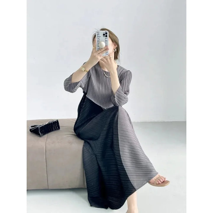 2024 New Miyake Style Designer Two-Piece Set - High-End Color Matching Outfit for Women