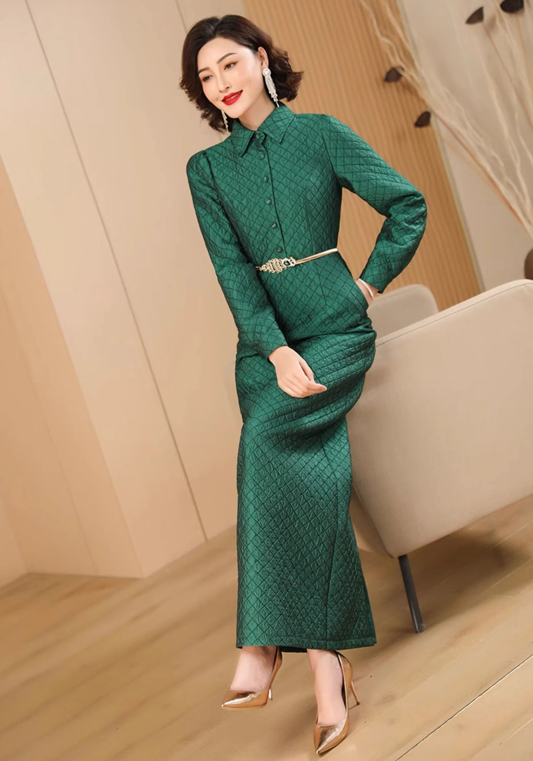 Green Plaid Pencil Dress for Women - Office Lady A-line - Autumn/Winter - Bodycon Fit