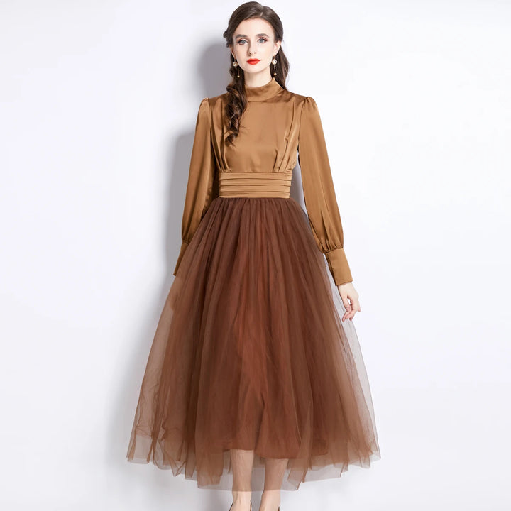 2023 Elegant Silk French Dress with Mesh Sleeves and Flared Skirt - O-Neck, Slim Fit, Knee Length - Women's Fashion