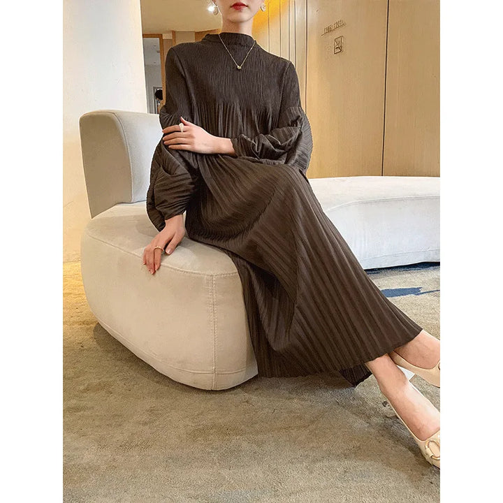 2023 Women's Miyake Pleated Dress | Puffy Sleeve | Knee Length | Loose Fit