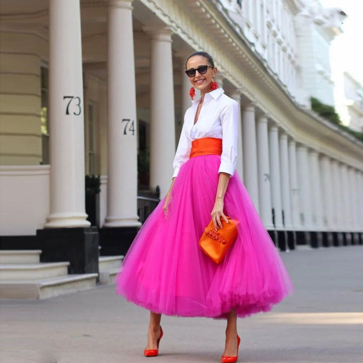 Street Fashion Long Skirts Tulle faldas Pink Mesh Skirts Woman Adult Wide Satin Waistband Ankle Length jupe femmeBall Gown
