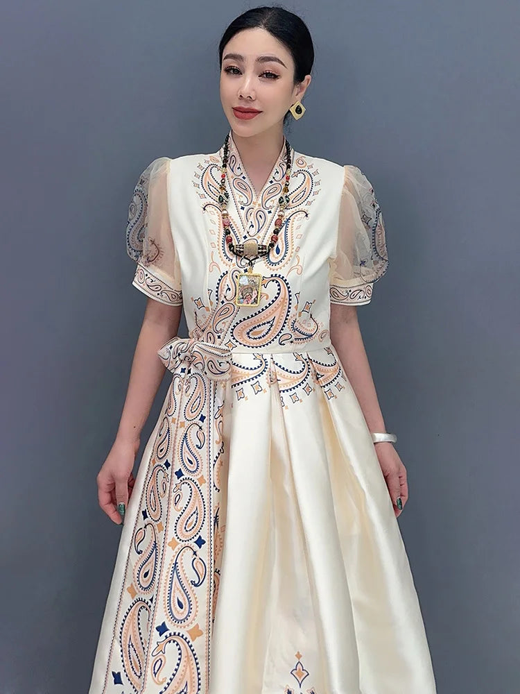 SHENGPALAE Loose Versatile V-neck Printed Long Dress With Bow Tie Irregular Dresses For Women 2024 Summer Trendy Clothes 5C1312