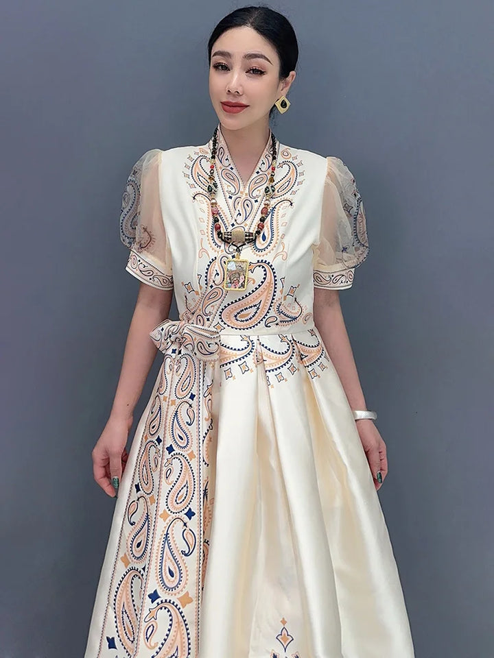 SHENGPALAE Loose Versatile V-neck Printed Long Dress With Bow Tie Irregular Dresses For Women 2024 Summer Trendy Clothes 5C1312