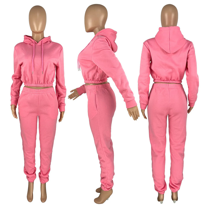 Winter Women's Hood Tracksuit Sweatsuit Set Solid Color Nude Velvet  Joggers Pullover Hoodies And Sweat Pant Two Piece Sets