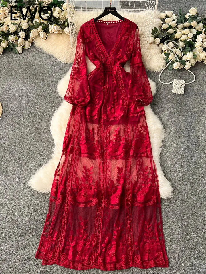 EWQ Embroidery Lace V-neck Color High Waist A-line Vestidos Sweet Style Fashion Women's Dress Winter Spring 2024 New