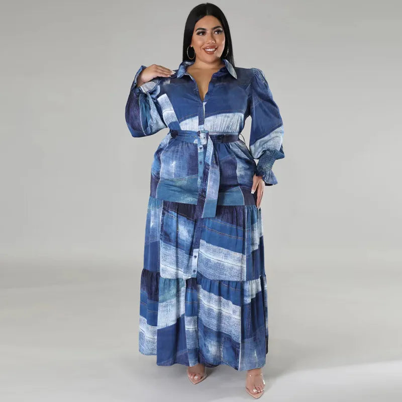 Plus Size Patchwork Print Dress For Women Chubby Blouse Belt Cloth Lady Luxury Long Robes 2023 Summer Trendy Party New In Dress