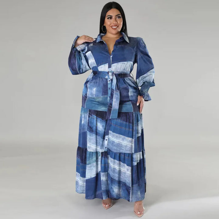 Plus Size Patchwork Print Dress For Women Chubby Blouse Belt Cloth Lady Luxury Long Robes 2023 Summer Trendy Party New In Dress