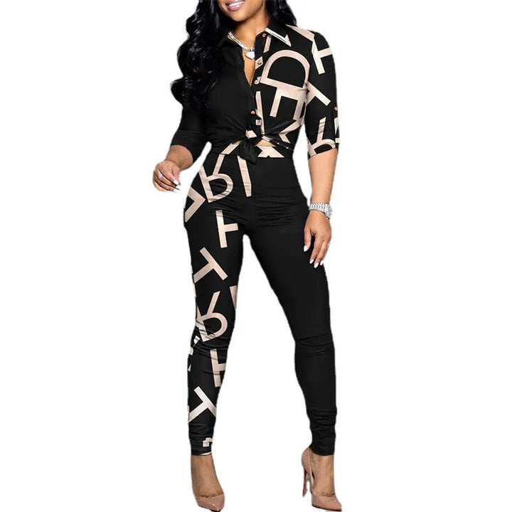 Colorblock Print Two-Piece Set - Casual Suit with Long Sleeve Lapel Shirt and Pants