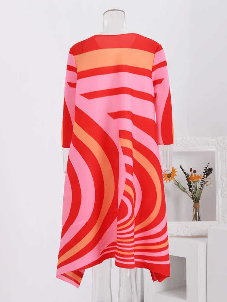 Spring Striped Dress - Color Block, Loose Fit, Mid-Length - 2024 New Arrival