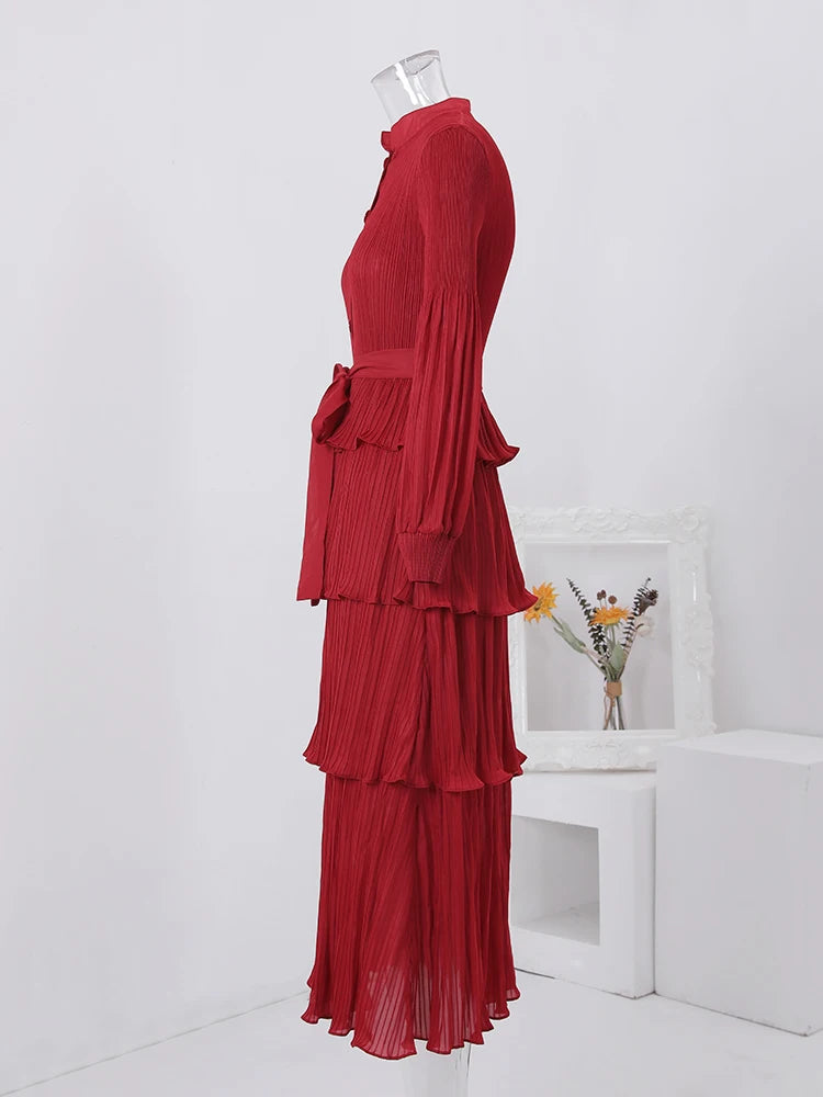 LANMREM Pleated Dress with Stand Collar