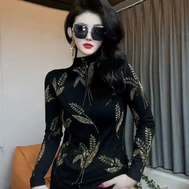 2023 New Black Turtleneck Pullover - Autumn Winter Undercoat Diamond Tops for Ladies