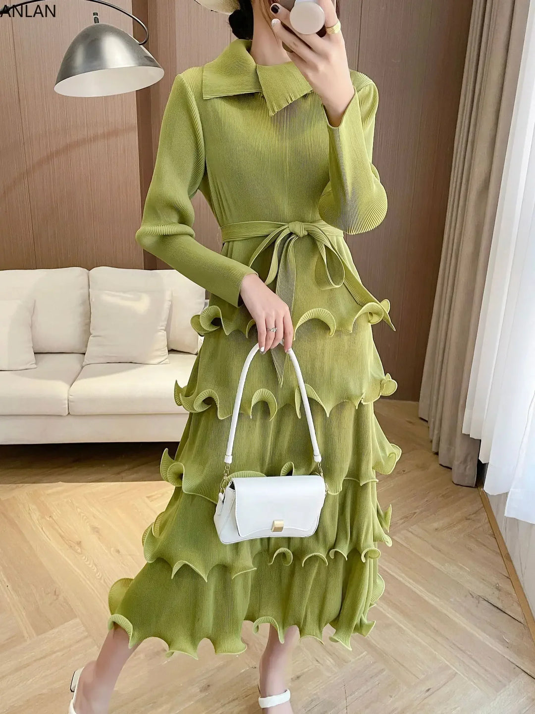 ANLAN 2024 Spring Ruffles Pleated Dress - Full Sleeved, Irregular Lapel Collar, Belt