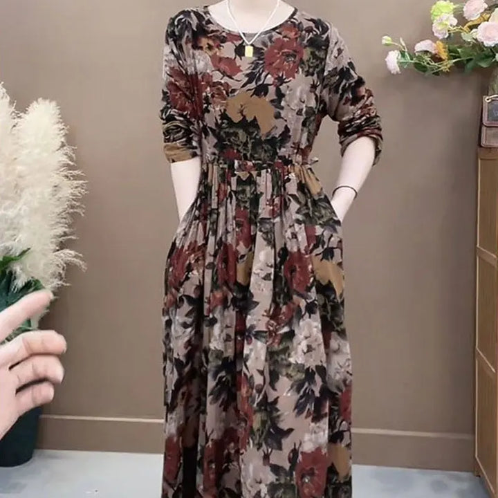 Vintage Floral A-Line Dress - Elegant Long Sleeve Women's Clothing