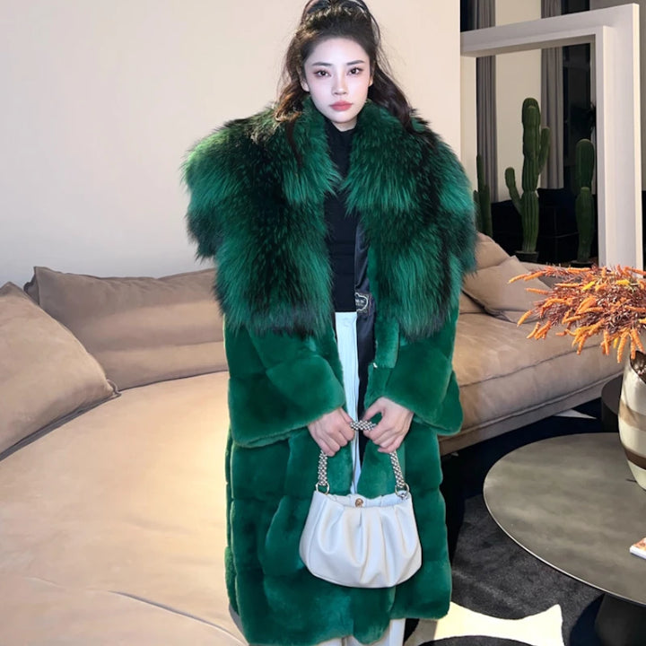 Hot Sales 2023 whole New Imported Light Luxury Fluffy Full Rex Rabbit Fur Jacket Raccoon Fur Collar mid-length Women Fur Coat