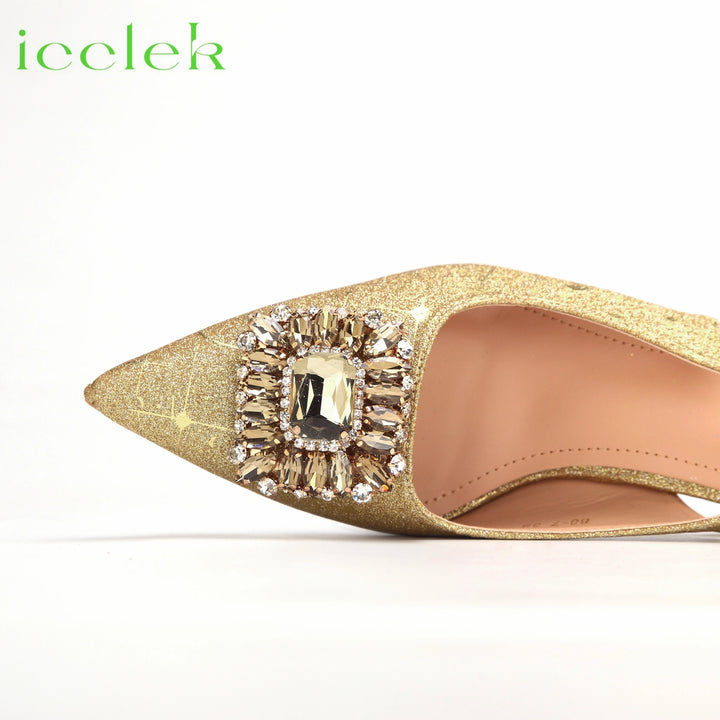 Newest Gold Color High Heels Pointed Toe Sandals Decorated with Rhinestone Flower Design Party Women's Shoes and Bags Set
