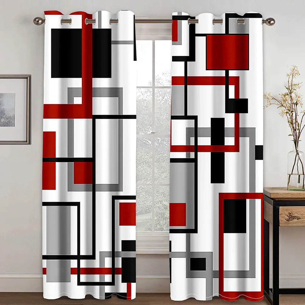 270*240 Cheap Abstract Geometric Black Red Modern Thin Two Windows Curtains for Living Room Bedroom Decor 2 Pieces Free Shipping