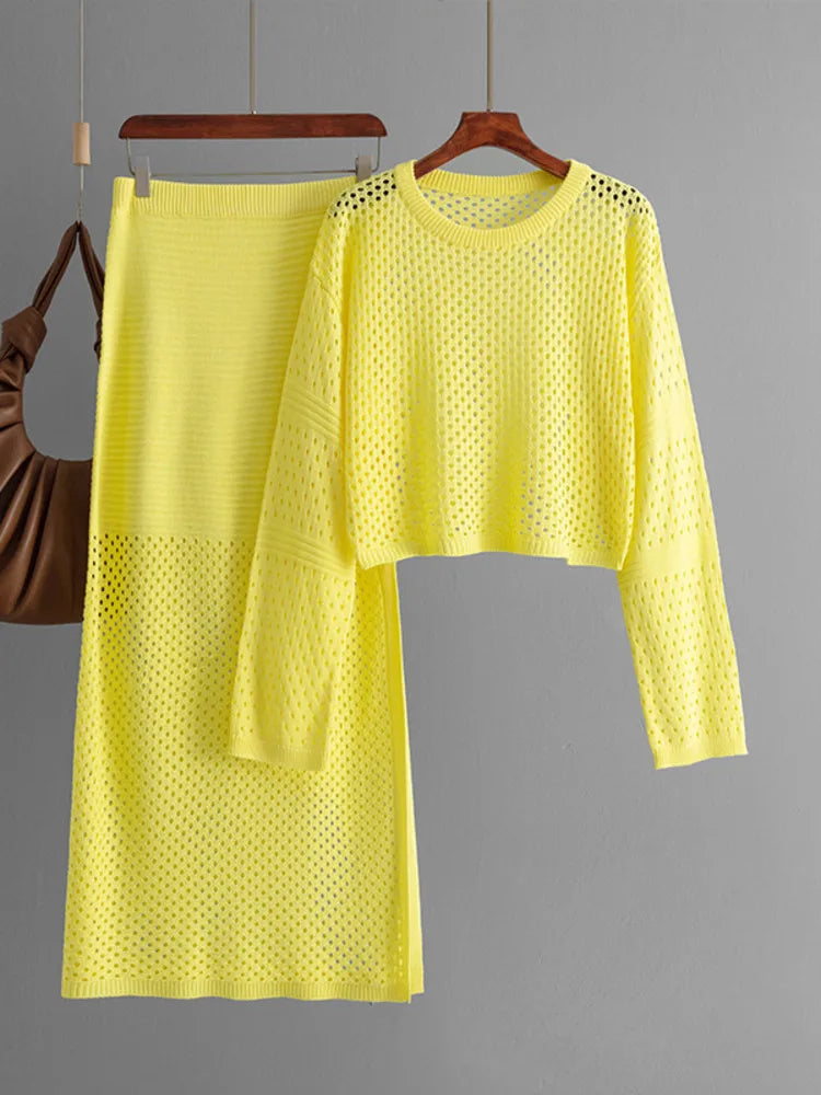 XFPV Women's Sweet Hollow Out Knitted Sweater Top Long Half Fashion Skirt 2-piece Set Y2k Korean Tide Autumn Winter 2024 SM11456