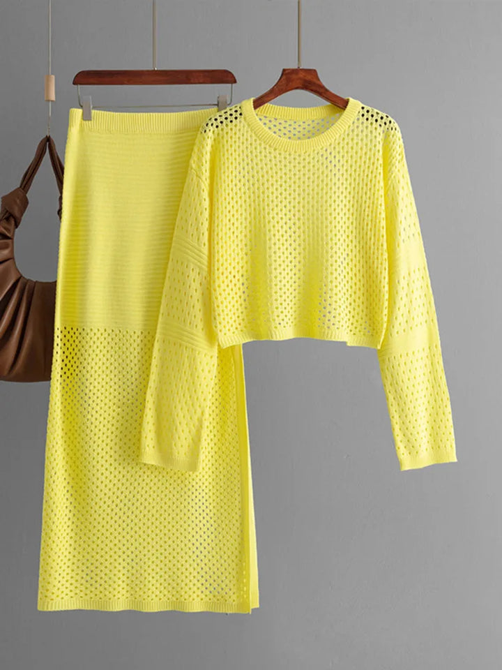 XFPV Women's Sweet Hollow Out Knitted Sweater Top Long Half Fashion Skirt 2-piece Set Y2k Korean Tide Autumn Winter 2024 SM11456