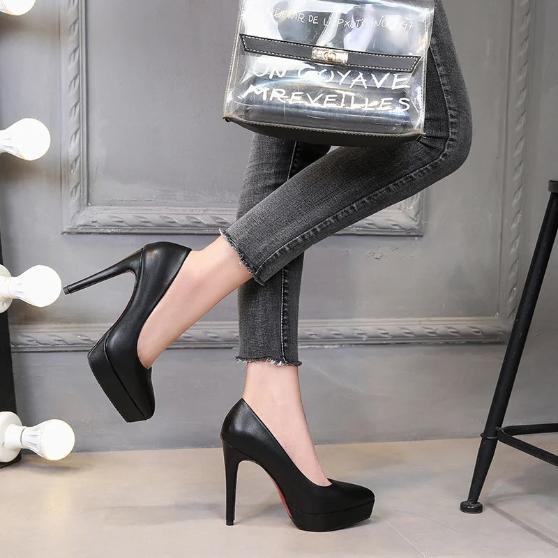 Stylish Slip-On Platform Pumps - 12cm Thin Heels, PU Leather, Korean Style, Black