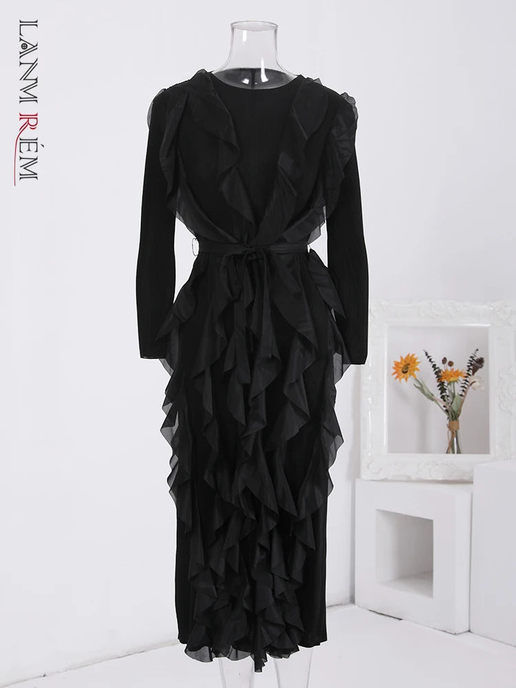 LANMREM Spring Dress - Ruffles, Pleated, Belted, Solid Color