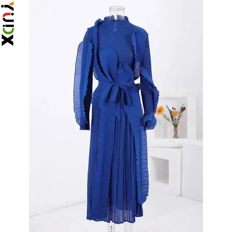 Elegant YUDX Miyake Pleated Ruffles Dress with Belt - 2024 Spring Collection