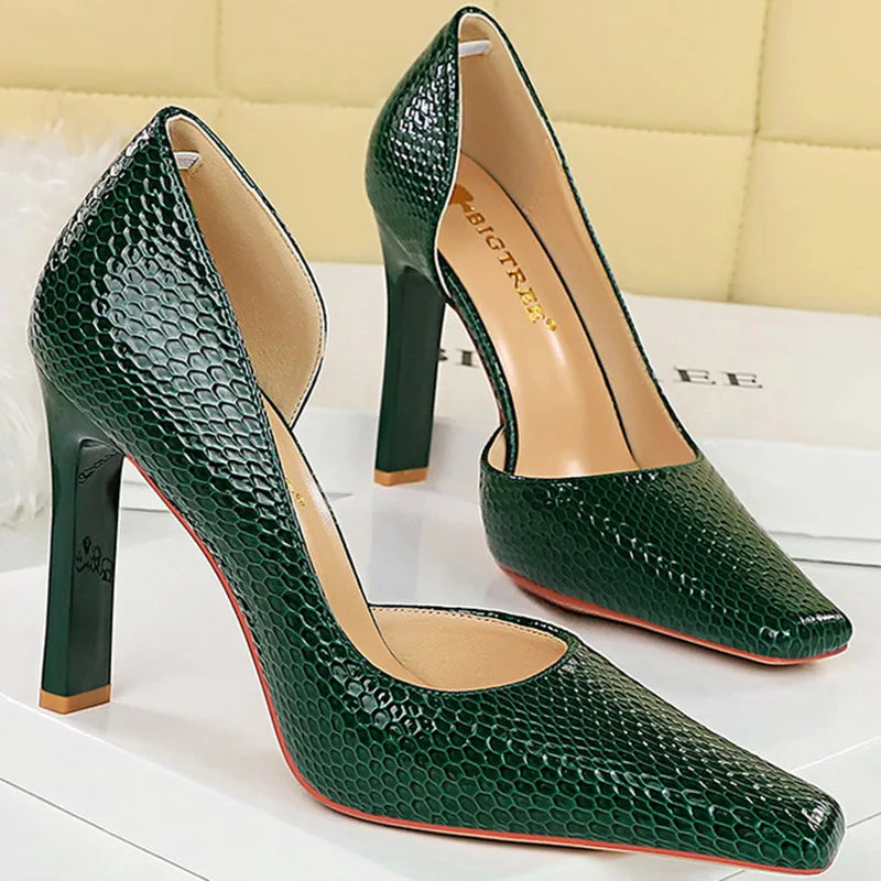 Women's Square Toe High Heel Pumps - Green/Pink Serpentine Patent Leather - Perfect for Weddings and Parties!