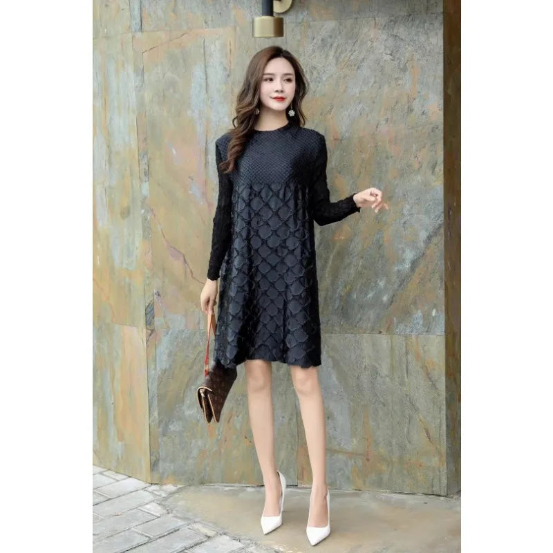 Elegant Miyake Fish Scale Dress | Women's Plus Size Short Dress