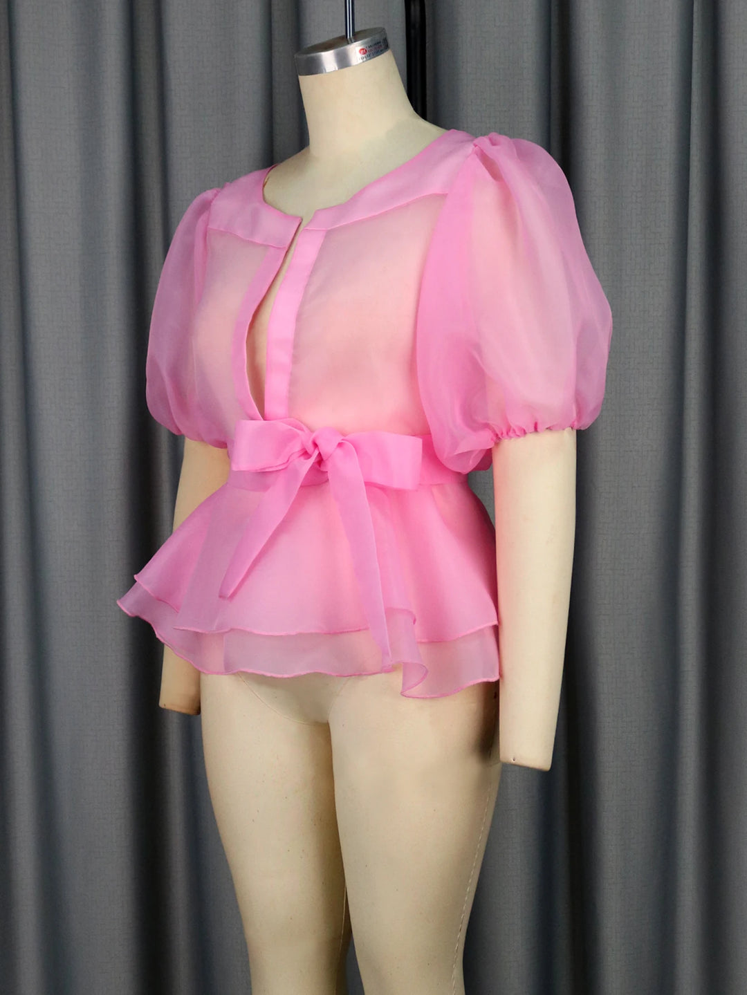 Stunning Sheer Blouse with Sashes and Lantern Sleeves - Perfect for Any Occasion!