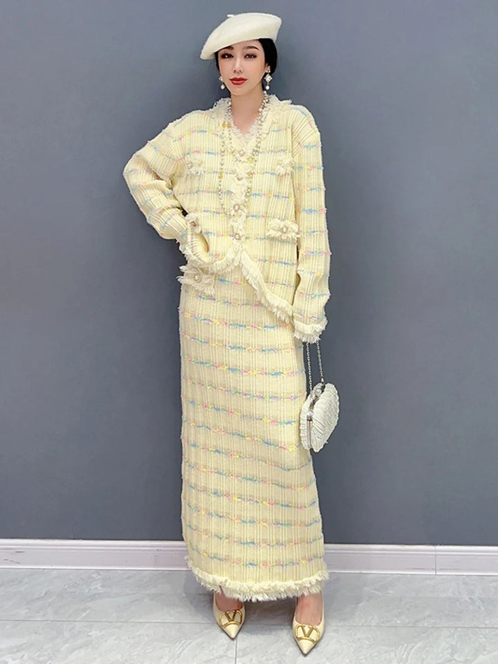 SHENGPALAE Temperament Women Two Piece Set Tassel V-neck Single Breasted Coat Light Luxury Female Skirt Autumn 2023 New 5R7051