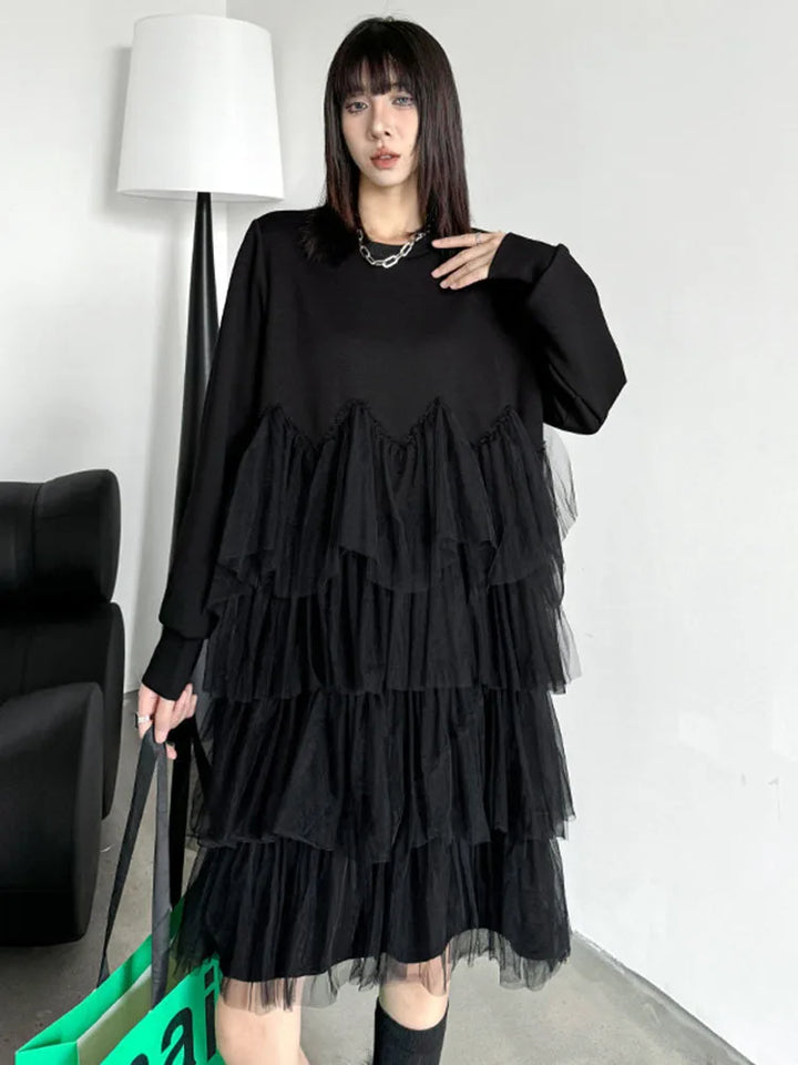 [EAM] Women Black Mesh Spliced Mini Dress