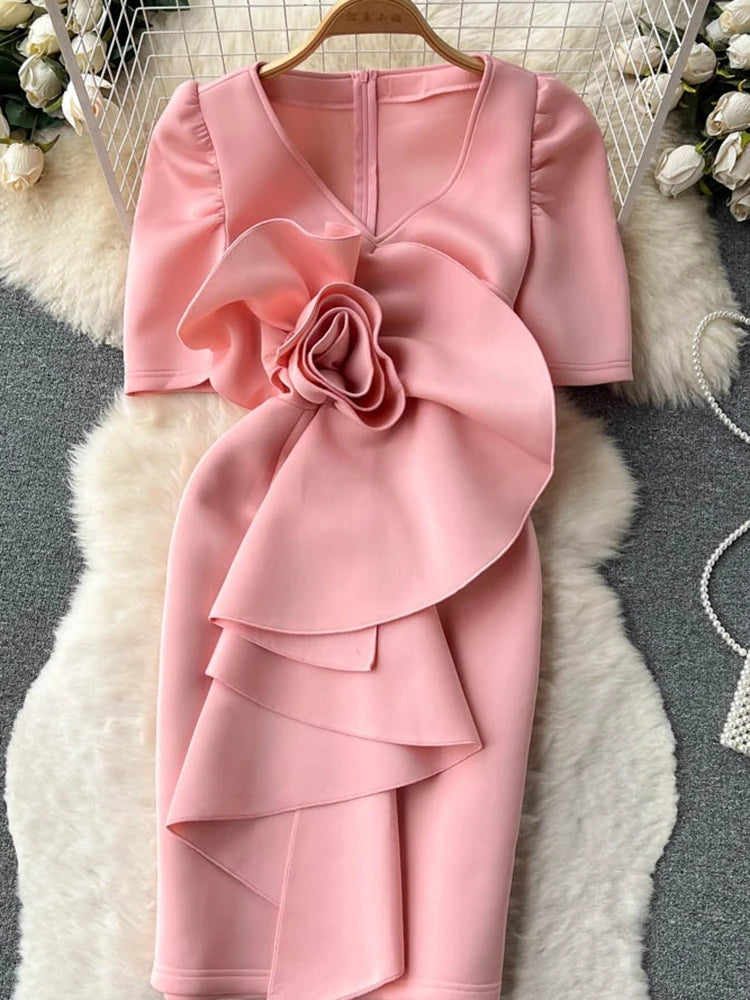 XFPV Women V-neck 3D Flower Ruffle Dress Y2K Sweet Korea Spring Summer 2023