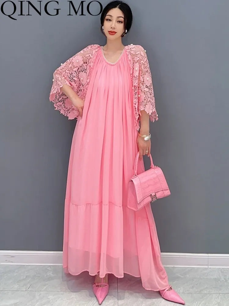 2024 Summer Korean Lace Pleated Dress - Pink, Show Slim, Short Sleeve - QING MO ZXF2631