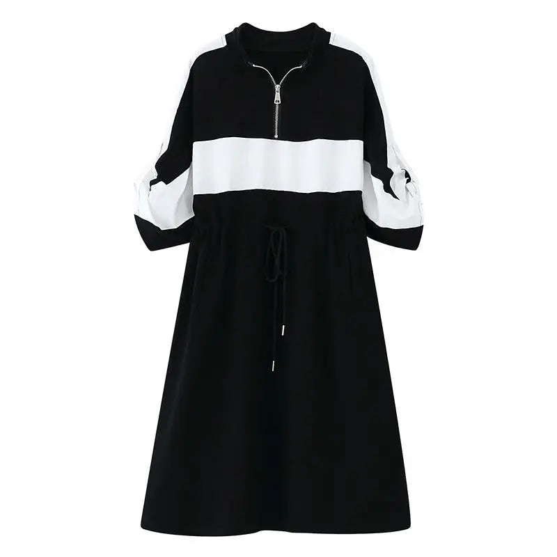 Korean Zipper Midi Dress - Loose Fit & Contrasting Colors - Women's Fashion