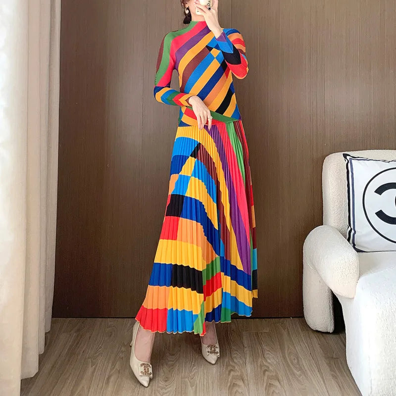 Colorful Patchwork Two-Piece Set: High Collar Top + Ankle-Length Skirt - COZOK