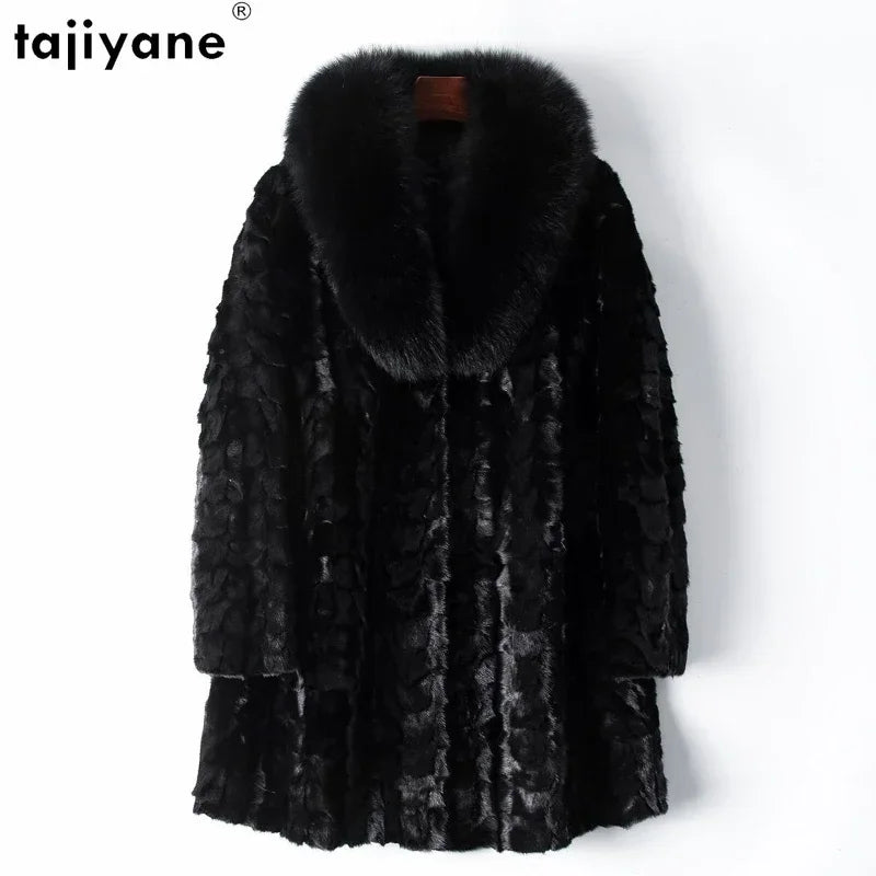 Tajiyane Real Mink Fur Jackets for Women 2023 Autumn Winter Pieces of Mink Fur Patchwork Fur Coat Luxury Fox Fur Collar Casaco