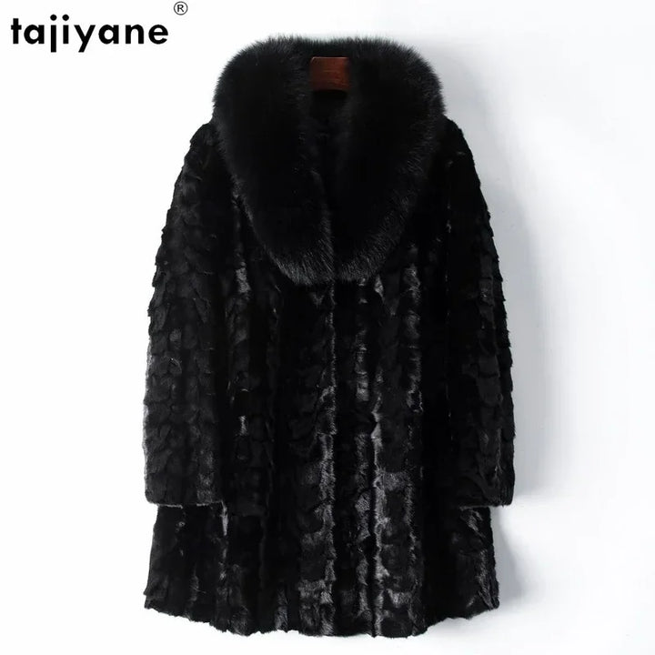 Tajiyane Real Mink Fur Jackets for Women 2023 Autumn Winter Pieces of Mink Fur Patchwork Fur Coat Luxury Fox Fur Collar Casaco